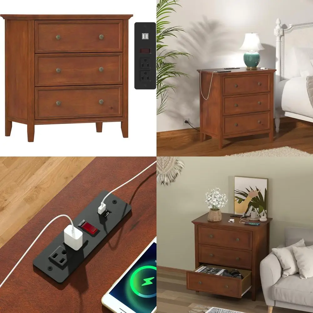 Mesa de cabeceira de madeira maciça Caramel com 3 gavetas e tomada de energia, armário alto para quarto: 16,8D x 27,6L x 26,8H