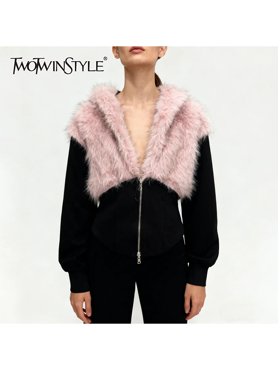 

TWOTWINSTYLE хит цвета сращенная молния повседневные куртки для женщин с воротником с капюшоном и длинными рукавами лоскутная меховая модная куртка женская