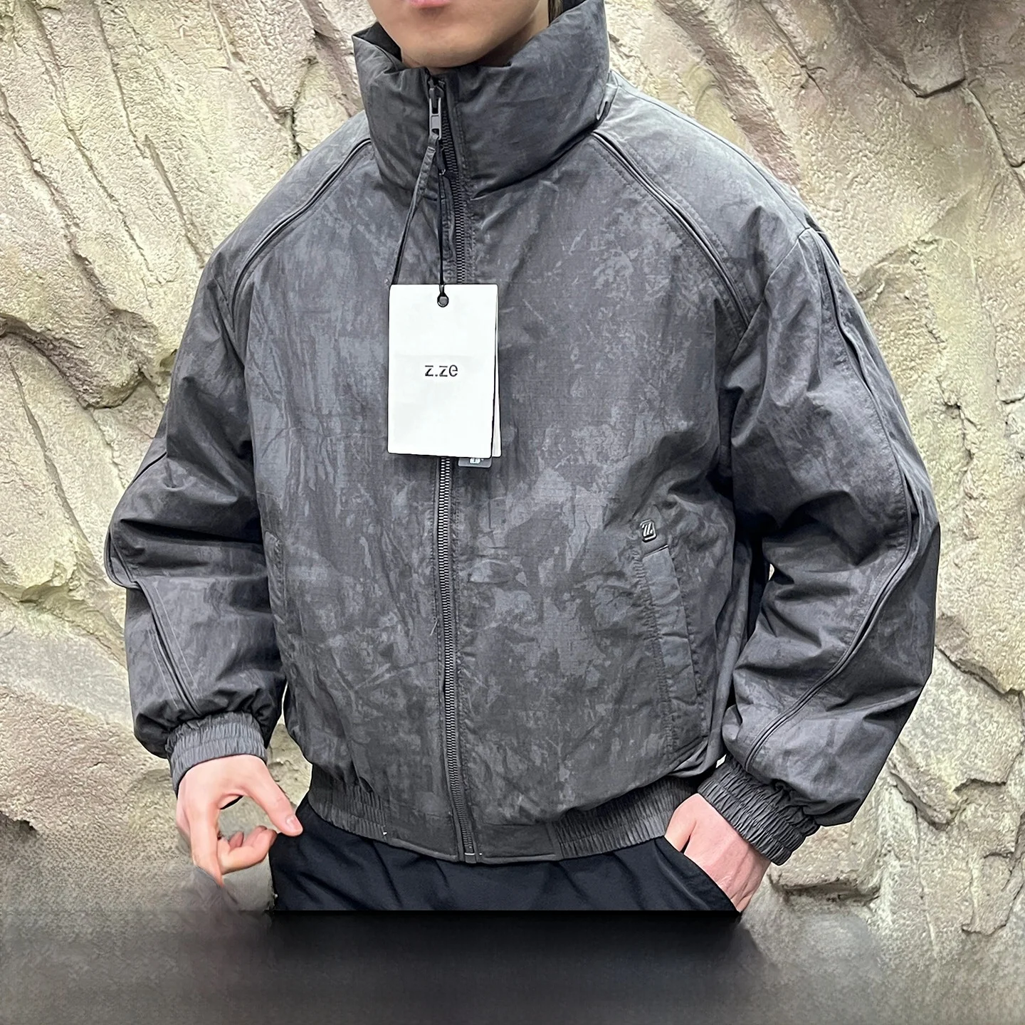 

Men's Thiened Warm Stand Collar Casual Du down Jaet Winter Outdoor Sle Zipper Decoration Long Sve Cotton Nylon