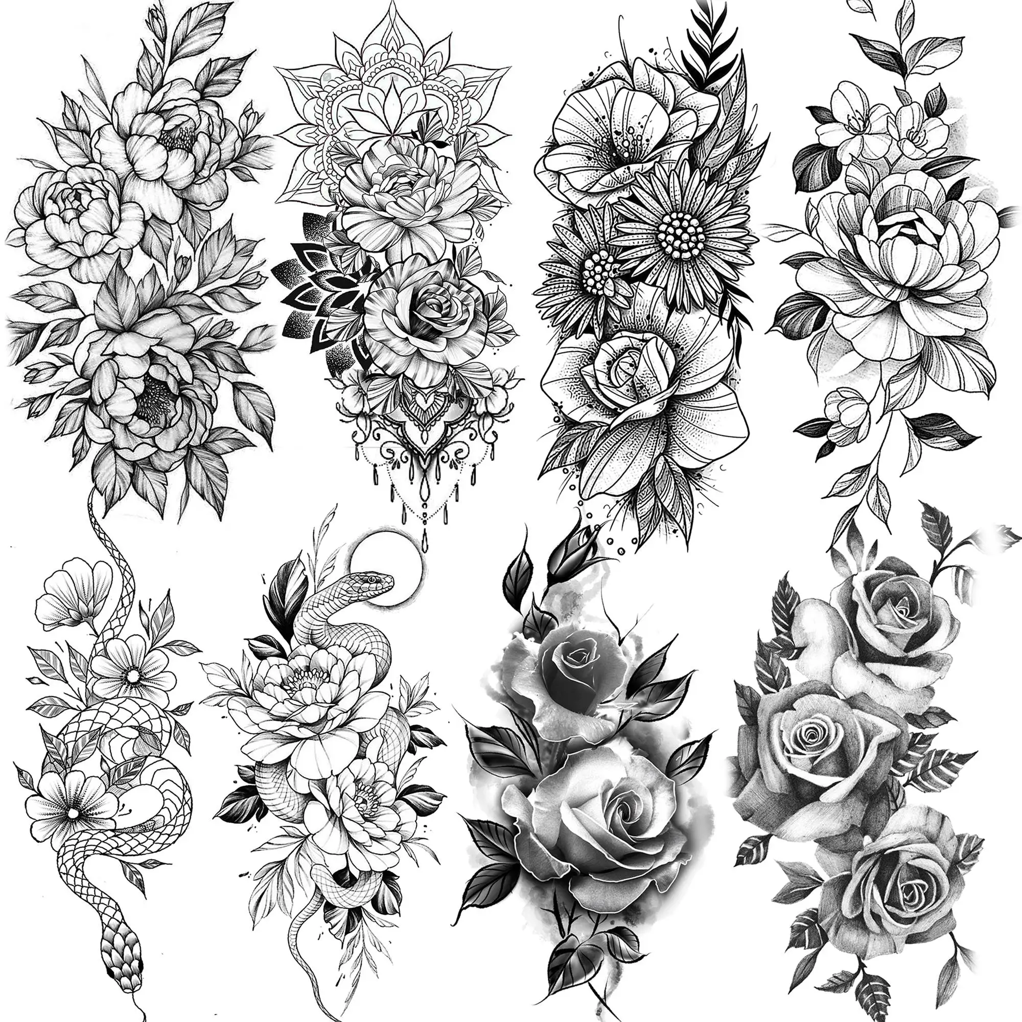 

1 Sheets Peony Rose Flower Temporary Tattoos For Women Adults Arm Leg Body Forearm Black Fake Tattoo Sticker Transferable