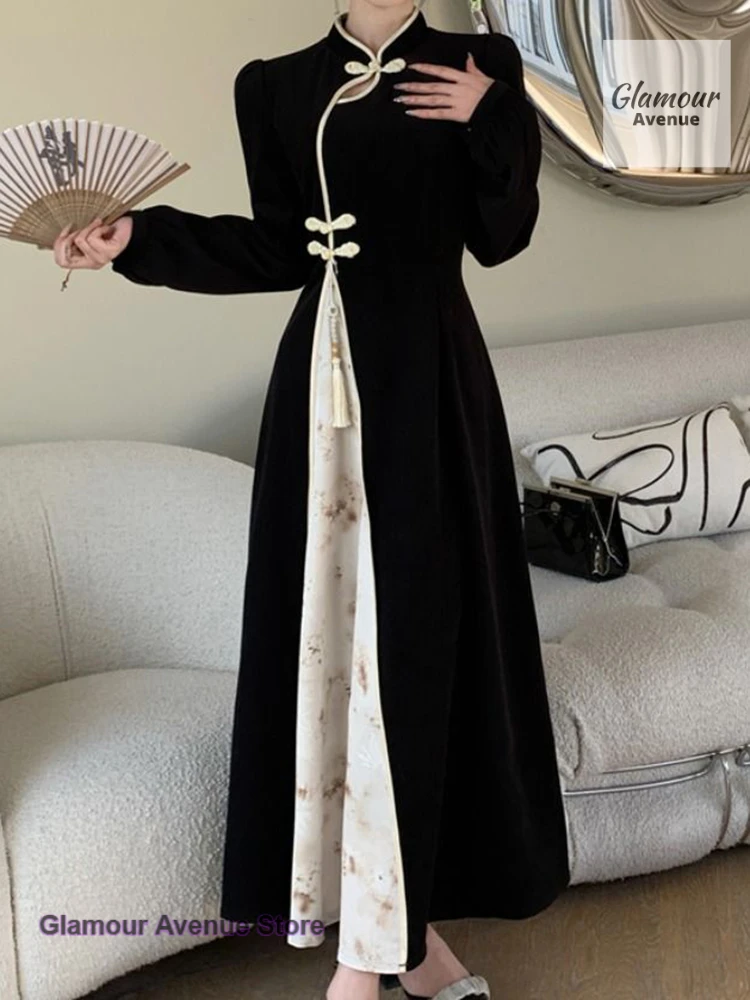 Chinese national style black temperament long sleeve waist dress women's spring and autumn fashion high-grade cheongsam skirt - Detail 1