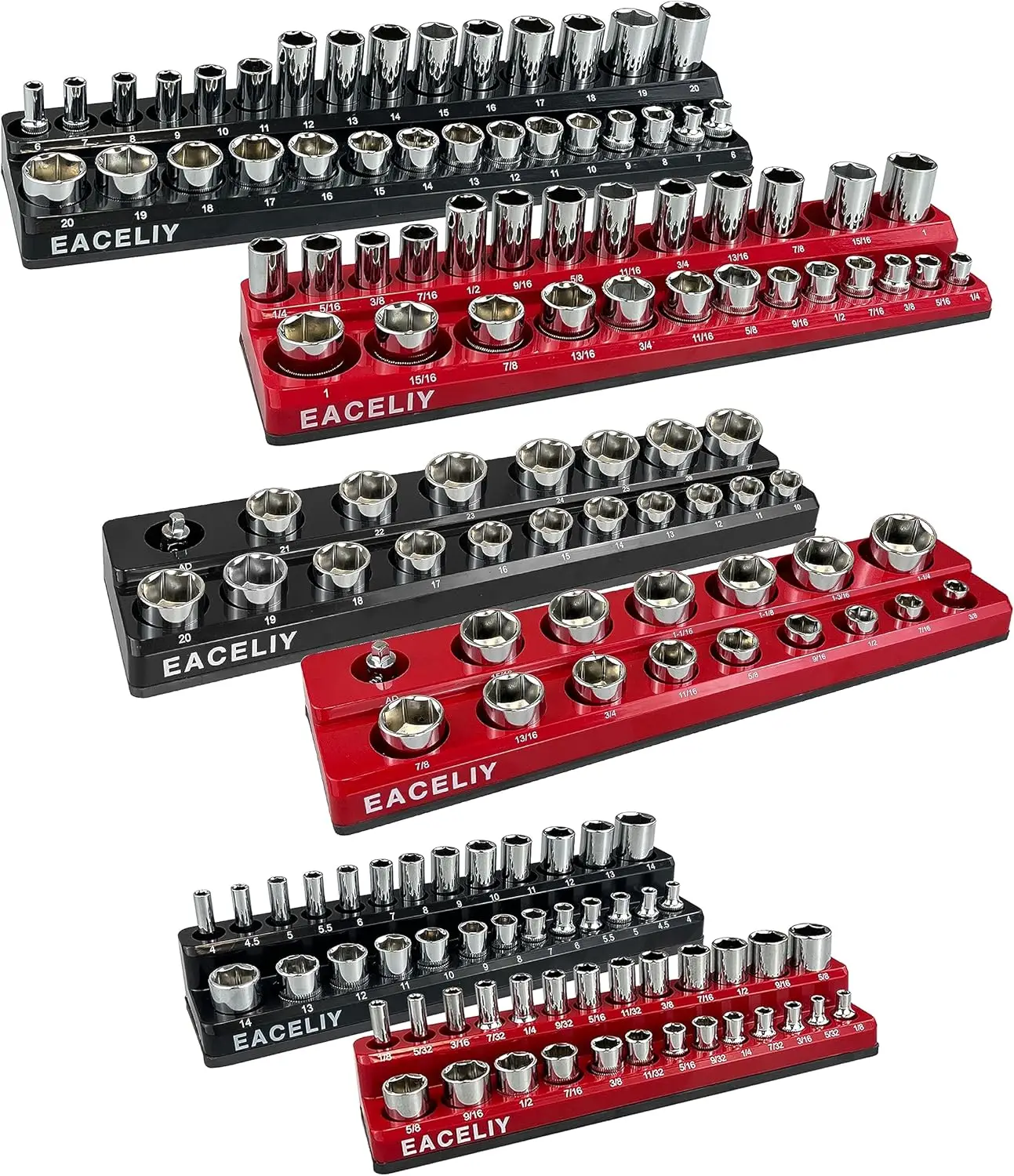 

6-Piece Magnetic Socket Organizer Set, 1/2" 1/4" 3/8" SAE & Metric Deep Shallow Holder, Holds 141 Sockets, Attaches to Tool Cart