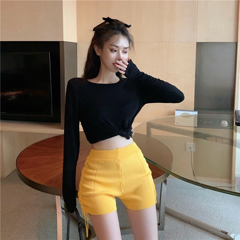 Pink Knitted Short Pants Women's Casual High Waist Yoga Sport Low Waist Drawstring Ruffle Early Morning Exercise Hot Pants