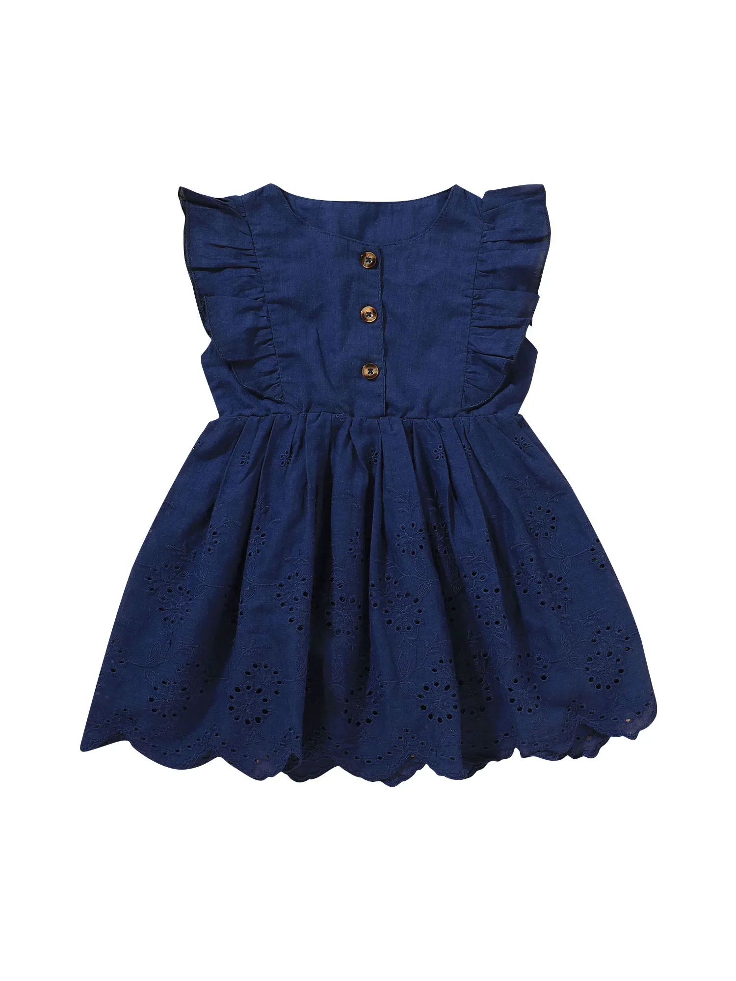 Baby Summer Sundress, Solid Color O-Neck Sleeveless Flounce Jumper Skirt with Buttons for Toddler Girls, Dark Blue