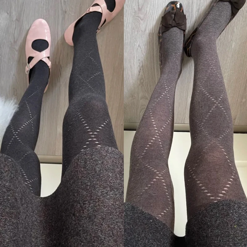 Retro Rhombic Jacquard Pantyhose Autumn Winter Basic Tights High Elastic Slim Stockings Pantyhose Silky Footed Tights for Party