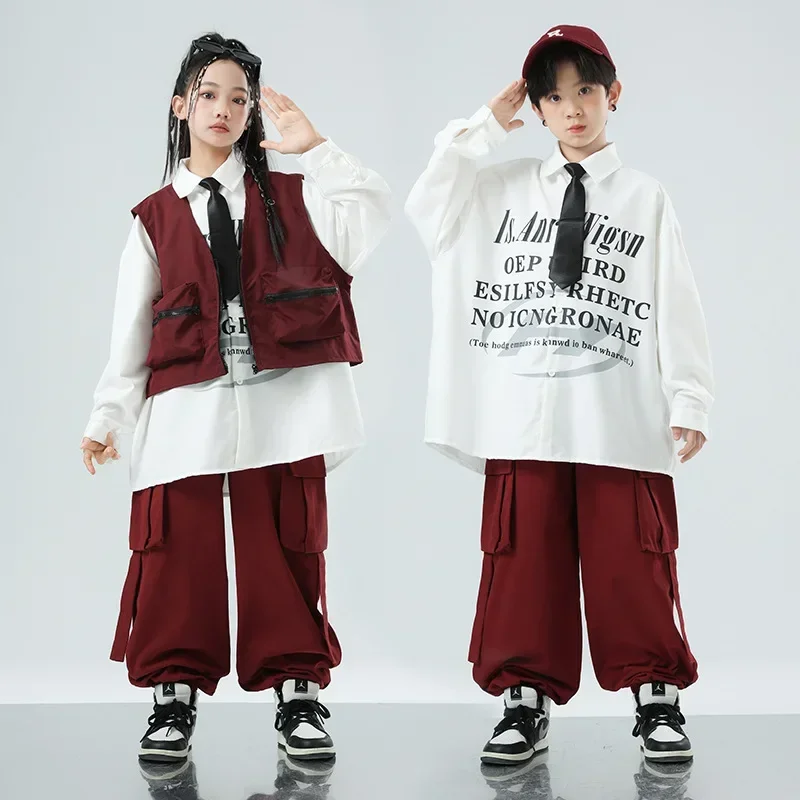 Children Boy Gilr Hip Hop Jazz Fashion Show Dance Loose Vest Cargo Pant Shirt Suits Sets Kids Tracksuits Performance Clothes