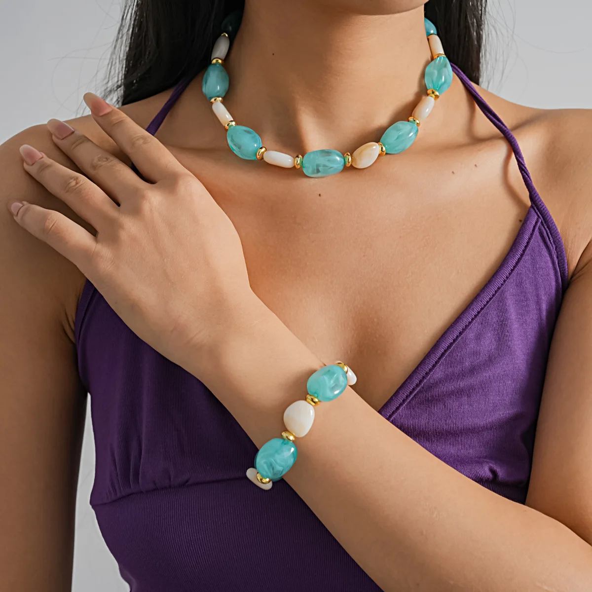 4 Colors Acrylic Beaded Chokers Necklaces Women Bohomian Color-block Resin Stretchy Bracelets Beach Vacation Jewelry Set K