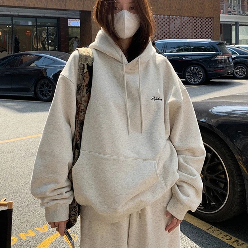 Korean Fashion Y2k Fleece-Lined Hoodie Women Loose Streetwear 2023 Winter Oversized Hoodies Women Harajuku Thick Warm Sweatshirt