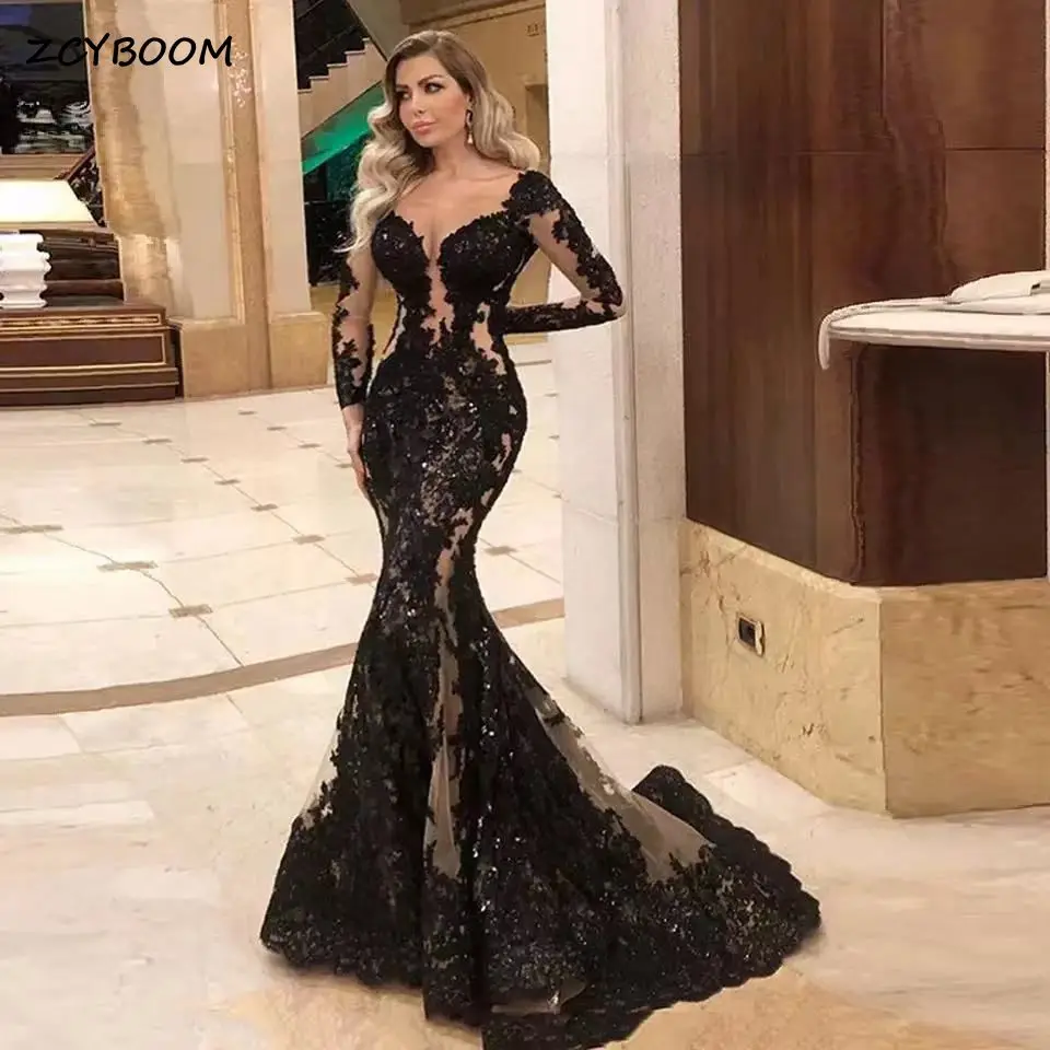 Customized 2024 Sexy Mermaid Formal Evening Dresses Long Sleeves Lace Appliques Party Prom Gown Sweep Train Robes De Soirée