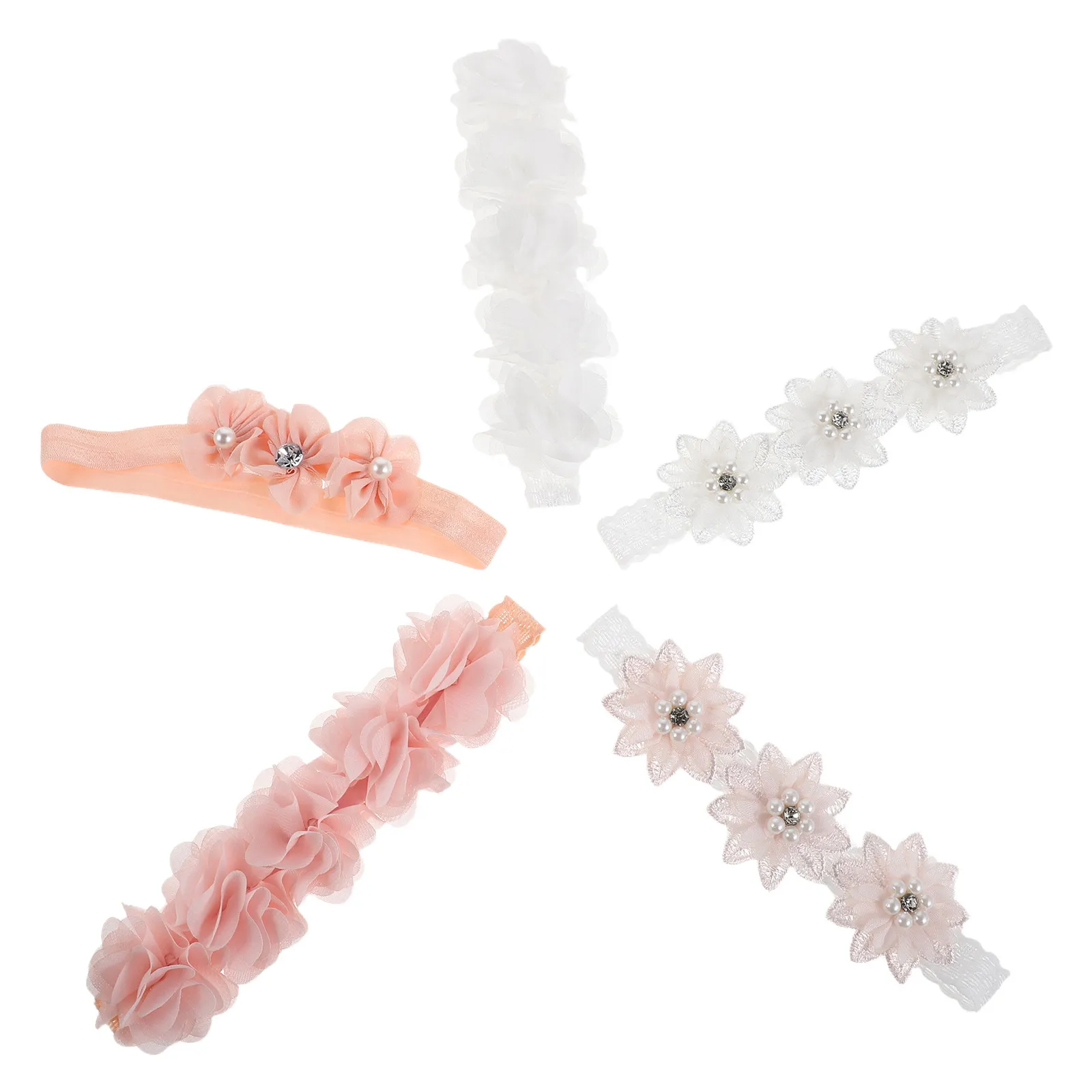 

Набор из 5 детских повязок на голову с цветами и жемчугом, эластичные, для новорожденных девочек, аксессуары для волос, для вечеринок и повседневной носки, повязки для девочек с цветами