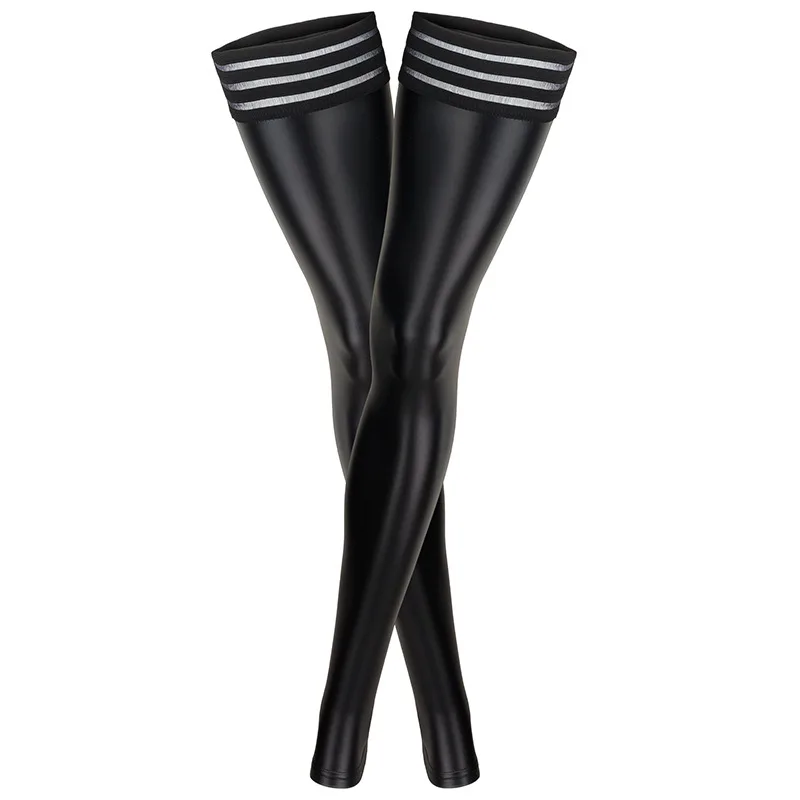 Women Sexy Lingerie Stockings Black Latex PU Wet Look High Stocking Faux Leather Long Knee Socks High Knee Socks