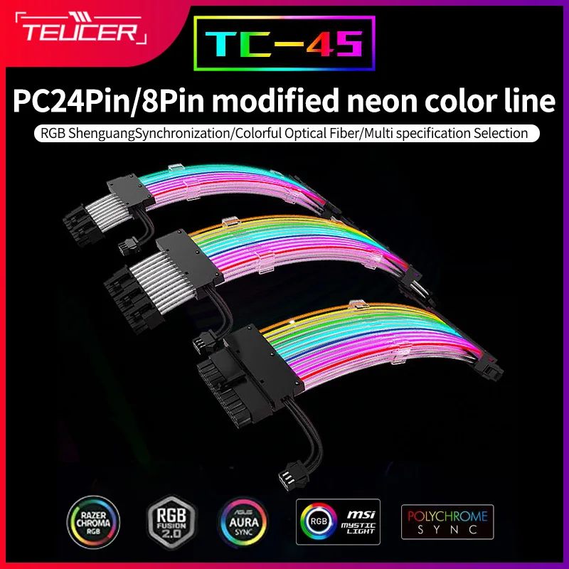 TEUCER TC-45 24PIN ARGB GPU Extensions Cable 8PIN PC Cord Wire Lighting Streamer Neon Extender Desktop Computer Lamp Strip Decor