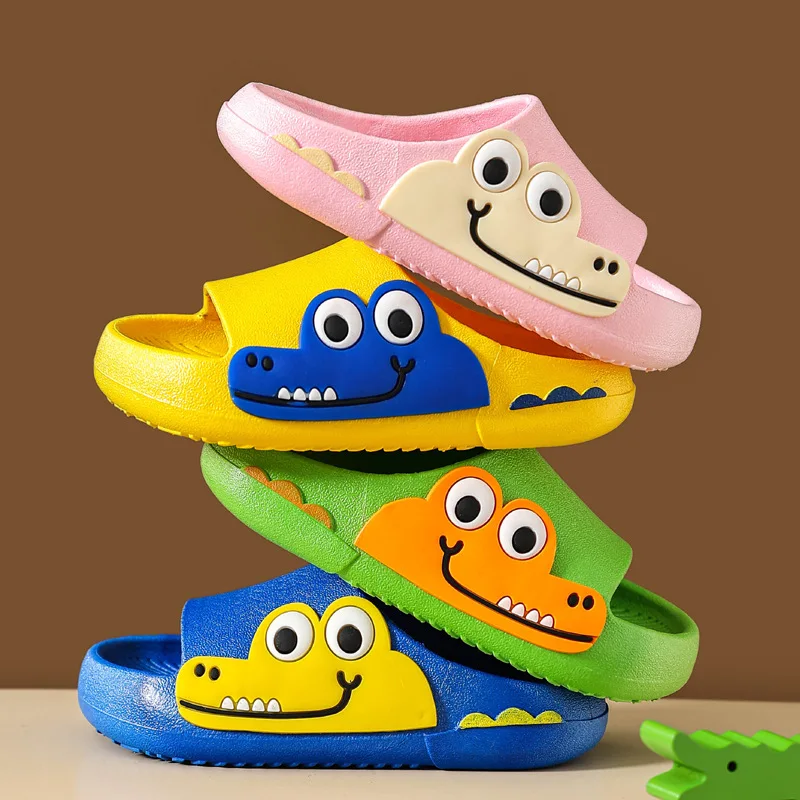 Summer Soft Sole Flats Shoes Boy Cartoon Crocodile Children Slippers Open Toe Non-Slip Home Bathroom Shoes Baby Kids Slippers