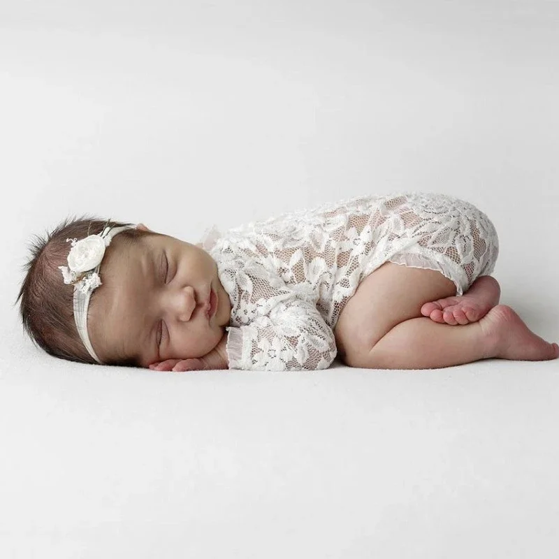 Newborn Photo Props Flower Headband & Lace Jumpsuit Baby Girls Photography Clothes Headdress Long Sleeved Romper for Newborns