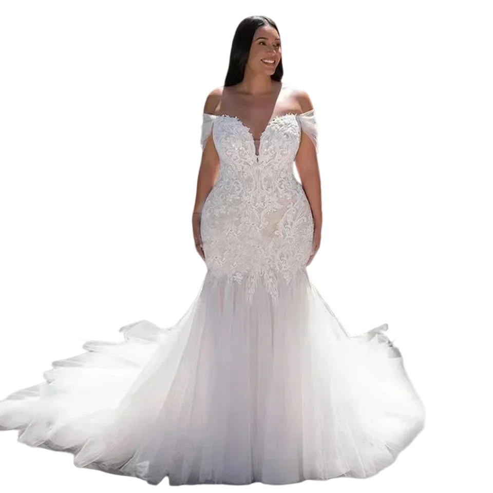 فساتين زفاف رائعة مخصصة مقاس كبير من الدانتيل للحديقة من فيستدو دي نوفيا مكشوفة الكتف وأزرار بدون ظهر فستان زفاف خلفي