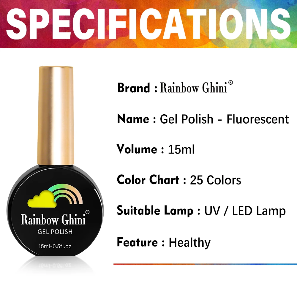 Rainbow Ghini 15ml Neon Gel Nail Polish Candy Fluorescence Colors Semi Permanent UV Varnish Hybrid Gel Paint Nail Art Glue Bar