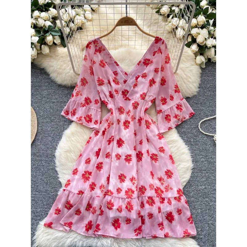 Boho v neck women summer floral print chiffon backless midi dress casual elastic waist a-line vestido de festa beach vestidos