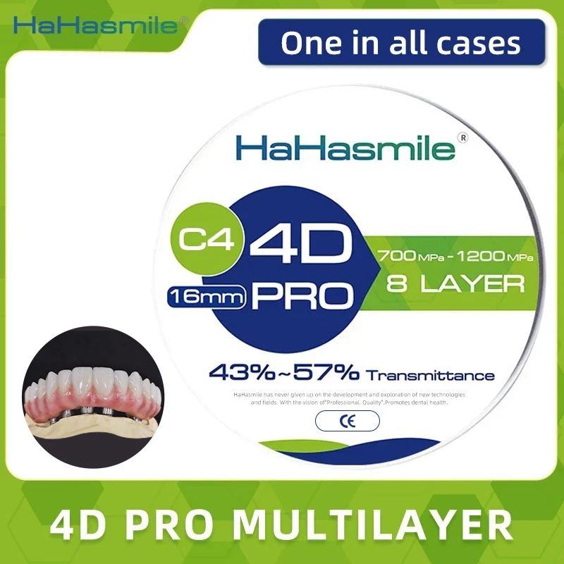 

HaHasmile 4D Pro Multilayer 98-C4 Zirconia Blocks 8 Layers 43%-57% Teeth Restoration Material Fixed Zirconia Dics For Dental Lab