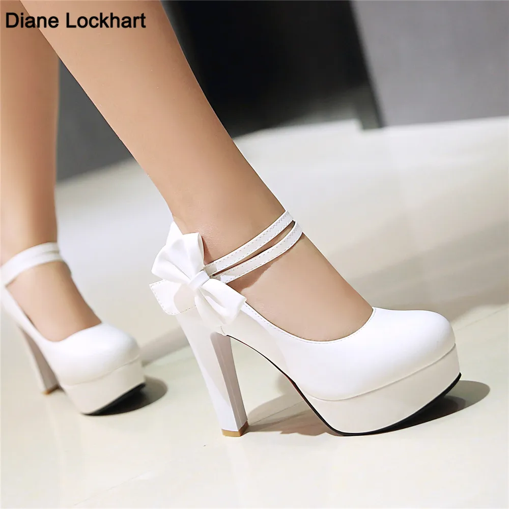 Spring High Heels Women Platform Pumps Ankle strap Shallow Mouth Single Shoes Bow Ladies High Heels White Wedding Women Shoes