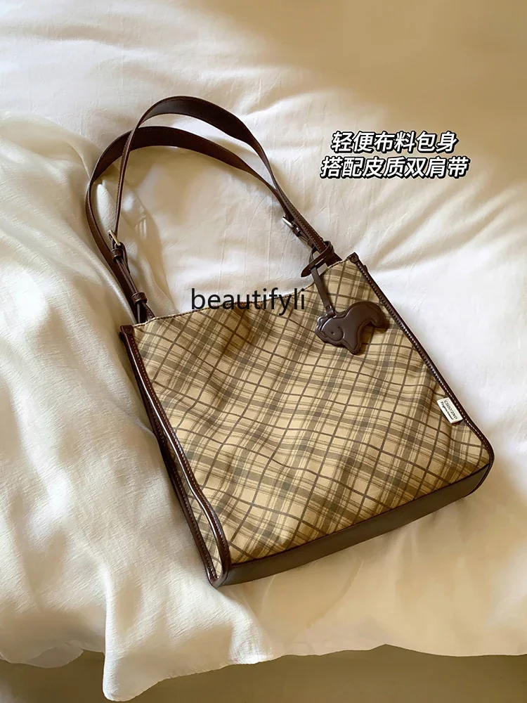 Mori plaid tote bag women's 2024 new plaid niche shoulder bag