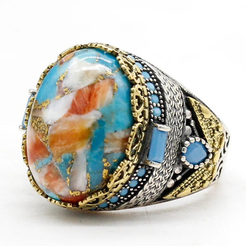 خاتم رجالي من الفضة الإسترليني عيار 925 خاتم عتيق من الفيروز الطبيعي من الفضة الإسترليني مجموعة مجوهرات Türkiye خاتم نسائي