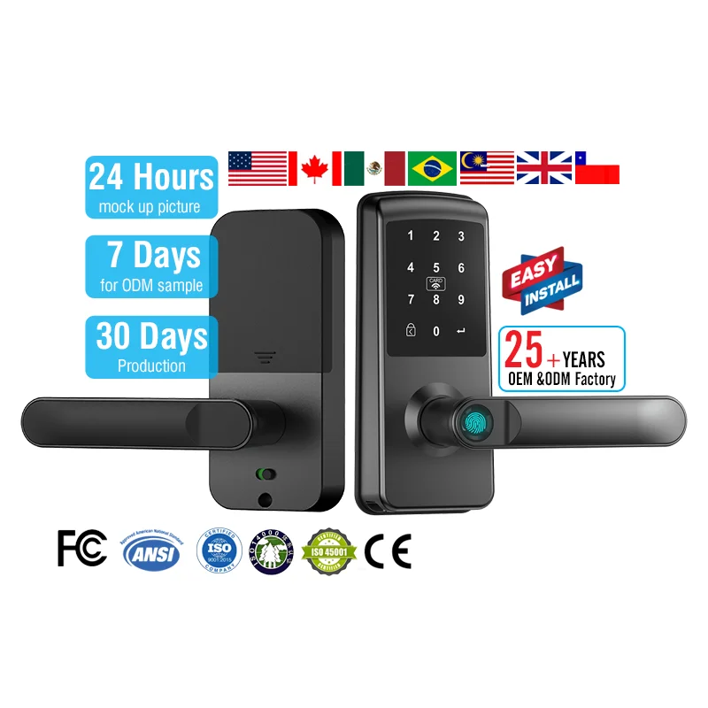 

Te'an Electric Digital Fingerprint Smart Locks Card Password Lever Handle Door Lock for Home Zinc Alloy Hotel Wood Doors Use