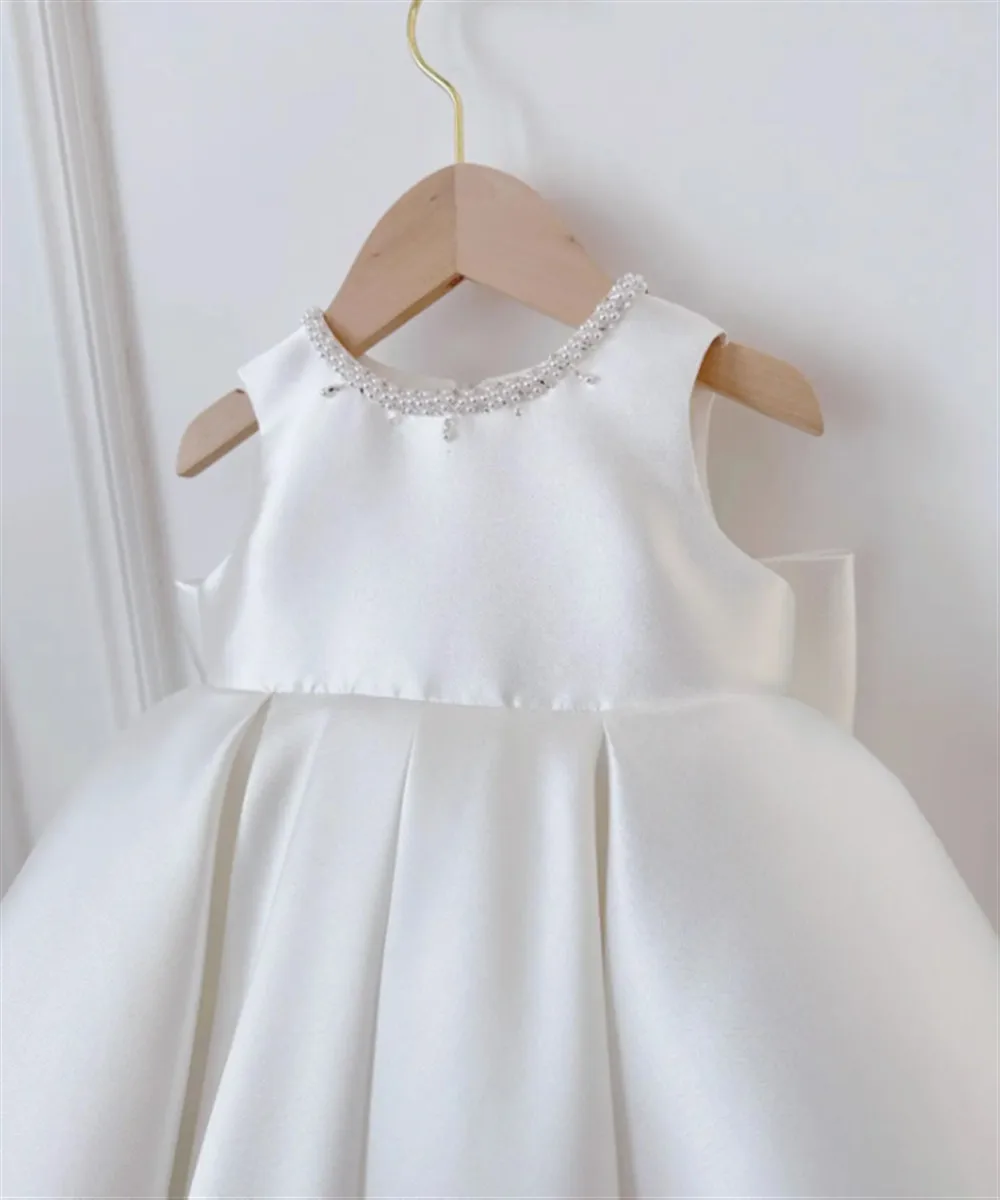 Elegancka sukienka dla dziewczynki na wesele, perłowa satynowa sukienka bez rękawów z kokardą, vintage peleryna, sukienka księżniczki na przyjęcie urodzinowe, chrzest.
