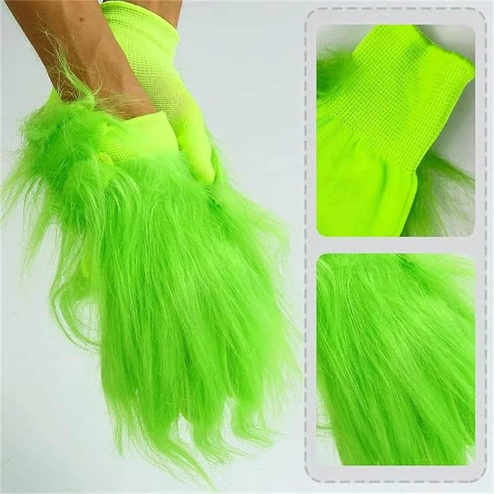 Green Monster Gloves Christmas Cosplay Costume Accessories Props Funny Furry Santa Adult Prank Dress Up Green Furry Gloves