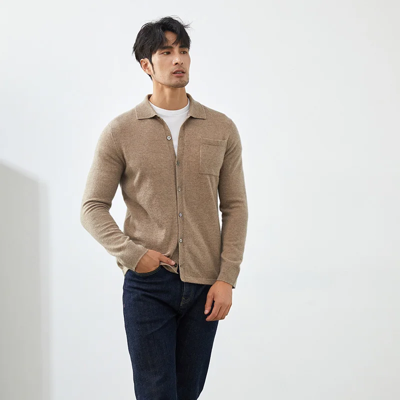 Autumn Winter New Men's 100% Cashmere Sweater Knitted Cardigan Solid Color Long Sleeved POLO Collar Shirt Jacket Casual