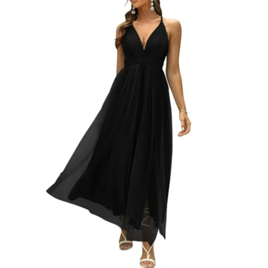 

XXTAXN Women's Formal Sexy Mesh Wrap V Neck Sleeveless Spaghetti Strap Adjustable Wedding Guest Long Dress