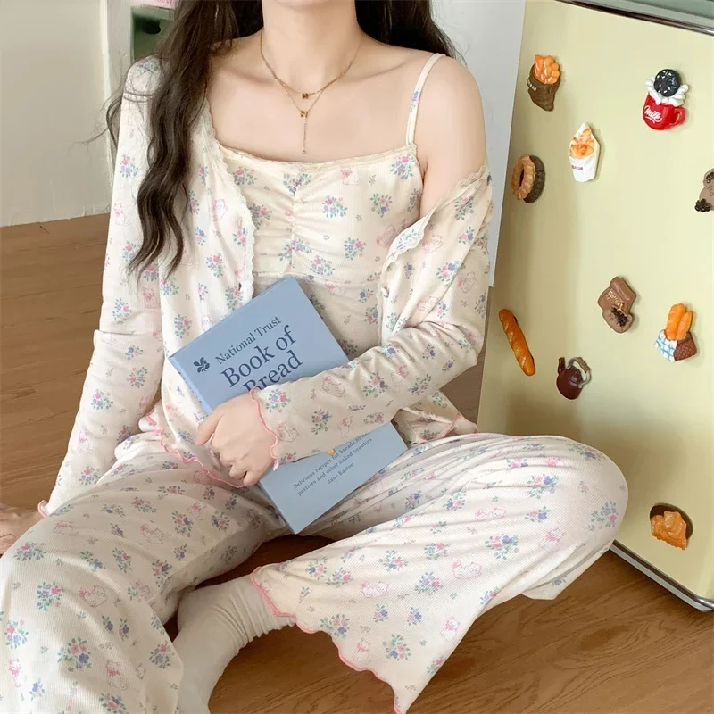 Ensemble de pyjama 3 pièces à fleurs pour femmes, vêtements de nuit rembourrés, doux, doux, mode Ulzzang, salon esthétique, collège, printemps, automne, nouveau