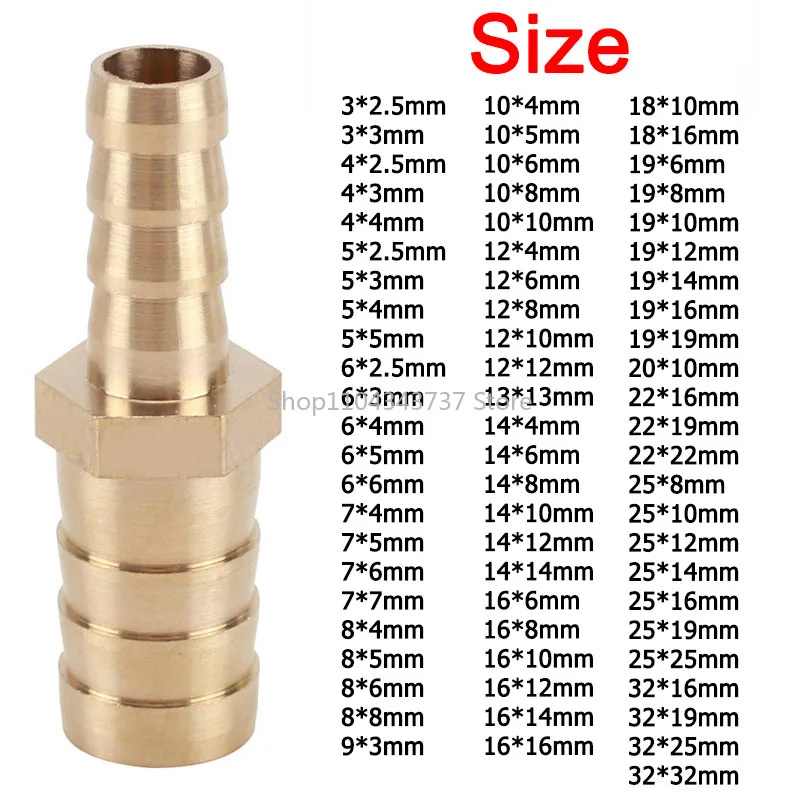 Full-size Brass 2 Way Barbed Pipe Fitting Reducer/Equals Straight Connector Pagoda Hose Barb OD 2.5 3 4 5 6 8 10 12 14 16-32mm