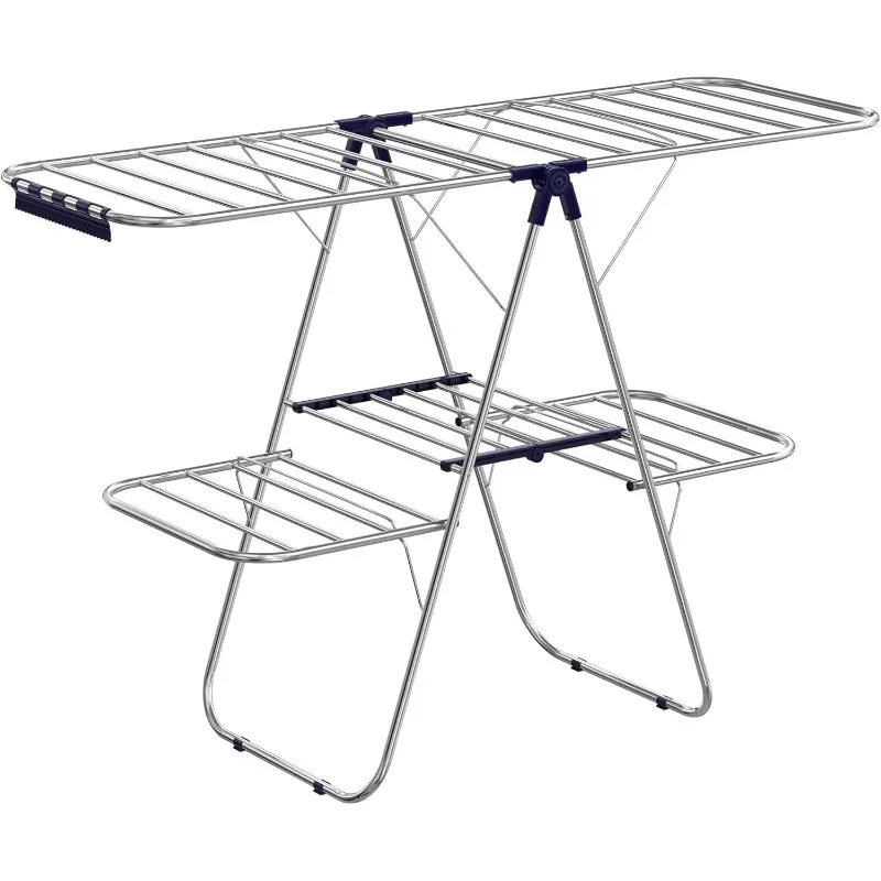 SONGMICS Clothes Drying Rack, Foldable 2-Level Laundry Drying Rack, Free-Standing Large, with Height-Adjustable Wings,Sock Clips