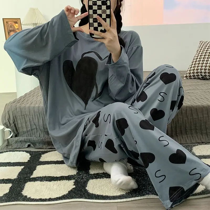 Damski komplet piżamowy plus size 6XL 150kg, długi rękaw, jesień, 2-częściowy, odzież do spania, koszula nocna, damski garnitur, nadruk serca, top i spodnie.