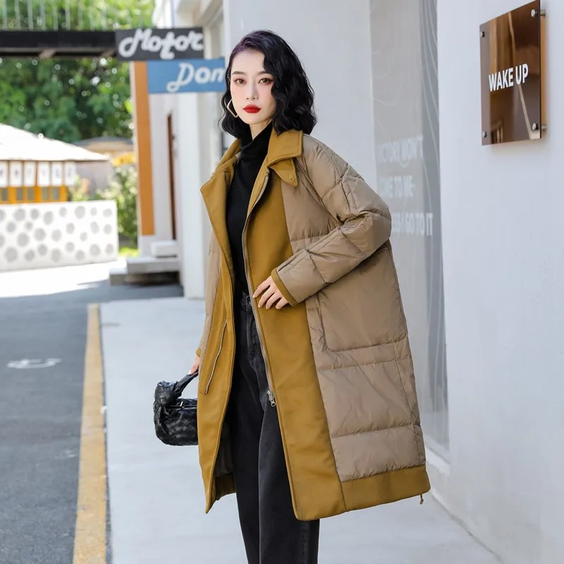 

New Jackets for Women White Duck Down Stand Collar Puffer Jacket Medium-length Patchwork Down Jacket Warm Winter Jacket