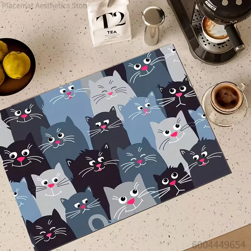 Cat Print Drying Pad with Playful Black Cat Design on A Light Blue Modern Kitchen Use Countertop Protection Kitchen Accessories