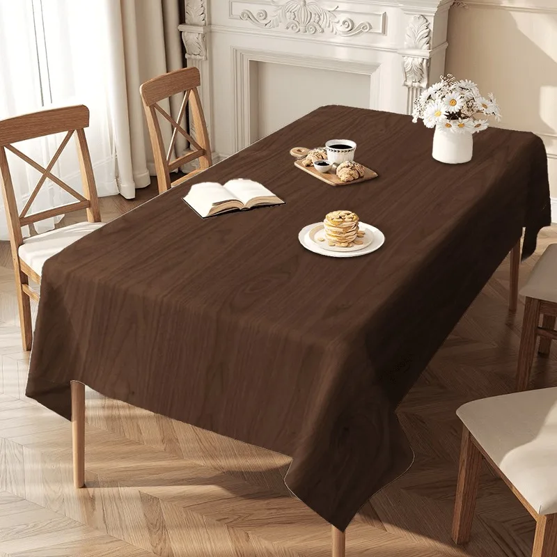 Elegant dark brown wood-grain tablecloth - rectangular design, easy to clean surface.
