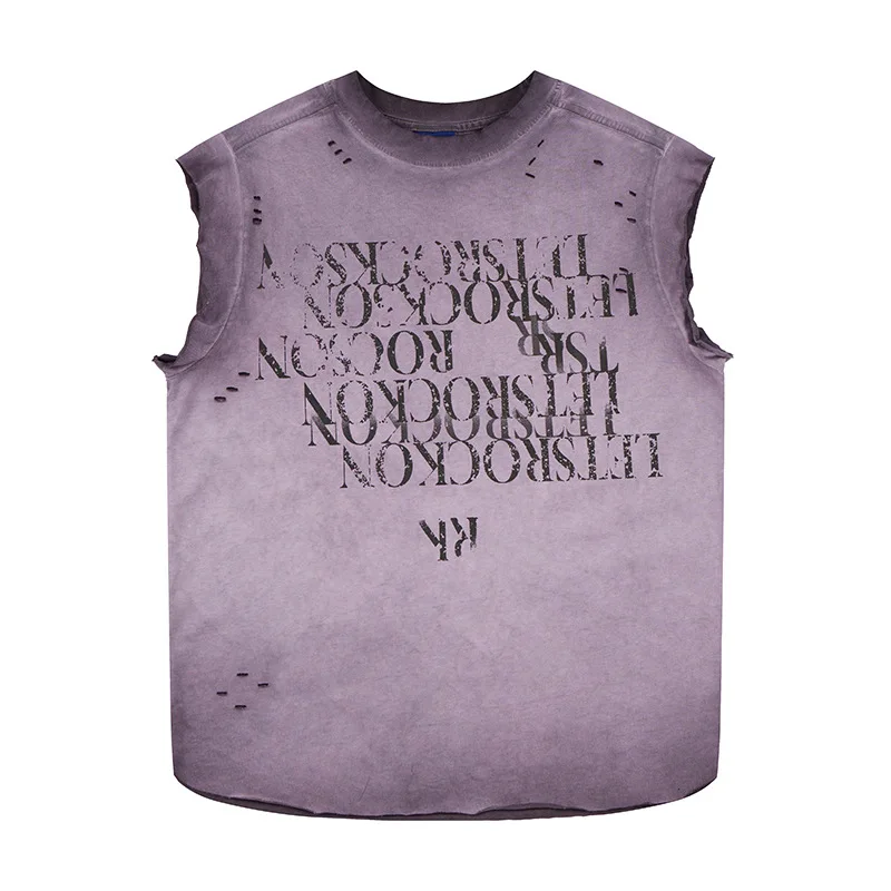 Streetwear Vintage Washed Tank Top Oversized Men's Gothic Letters Distressed Sleeveless Tshirt Casual Ripped Graphic Tees