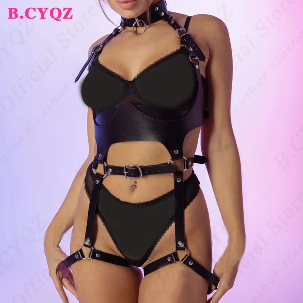 Sexy Lingerie Accessory Women Harness Garter PU Leather Body Bondage Strap Goth Set Adjustable Suspender Underwear Rave Clothes