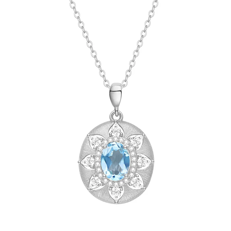 

French Vintage Brushed Natural Crystal Pendant S925 Silver Elegant Collar Necklace Antique-style Gift
