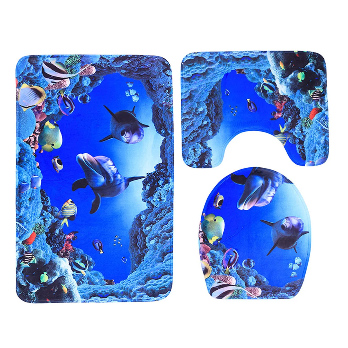 

3pcs Flannel Blue Sea Theme Dolphin Shark Bathroom Mat Set Bathroom Carpet Pedestal Lid Mat Toilet Cover Set