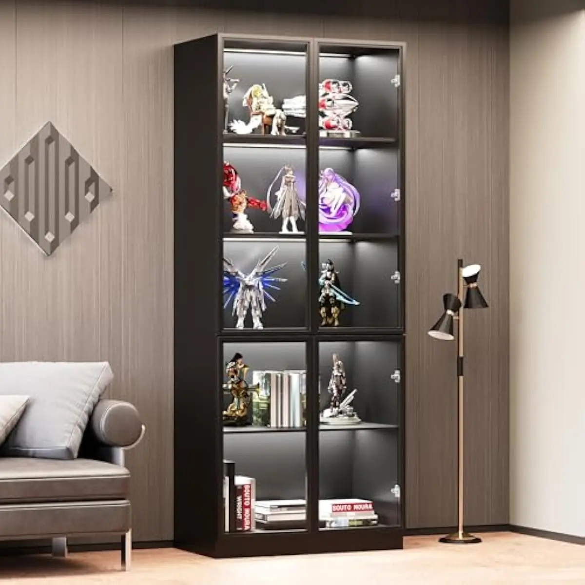 Rustic-engineered wood cabinet with dual-layer tempered glass doors, integrated 7-color LED lighting system featuring 18 dynamic view 5