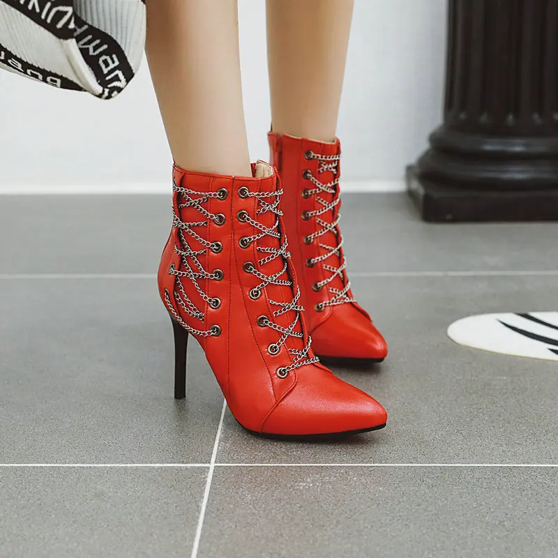 Women Ankle Boots 2024 Autumn Winter Stiletto Booties Cross Chain Decorate Thin High Heels PU Leather Size 34-50 Fashion Pumps