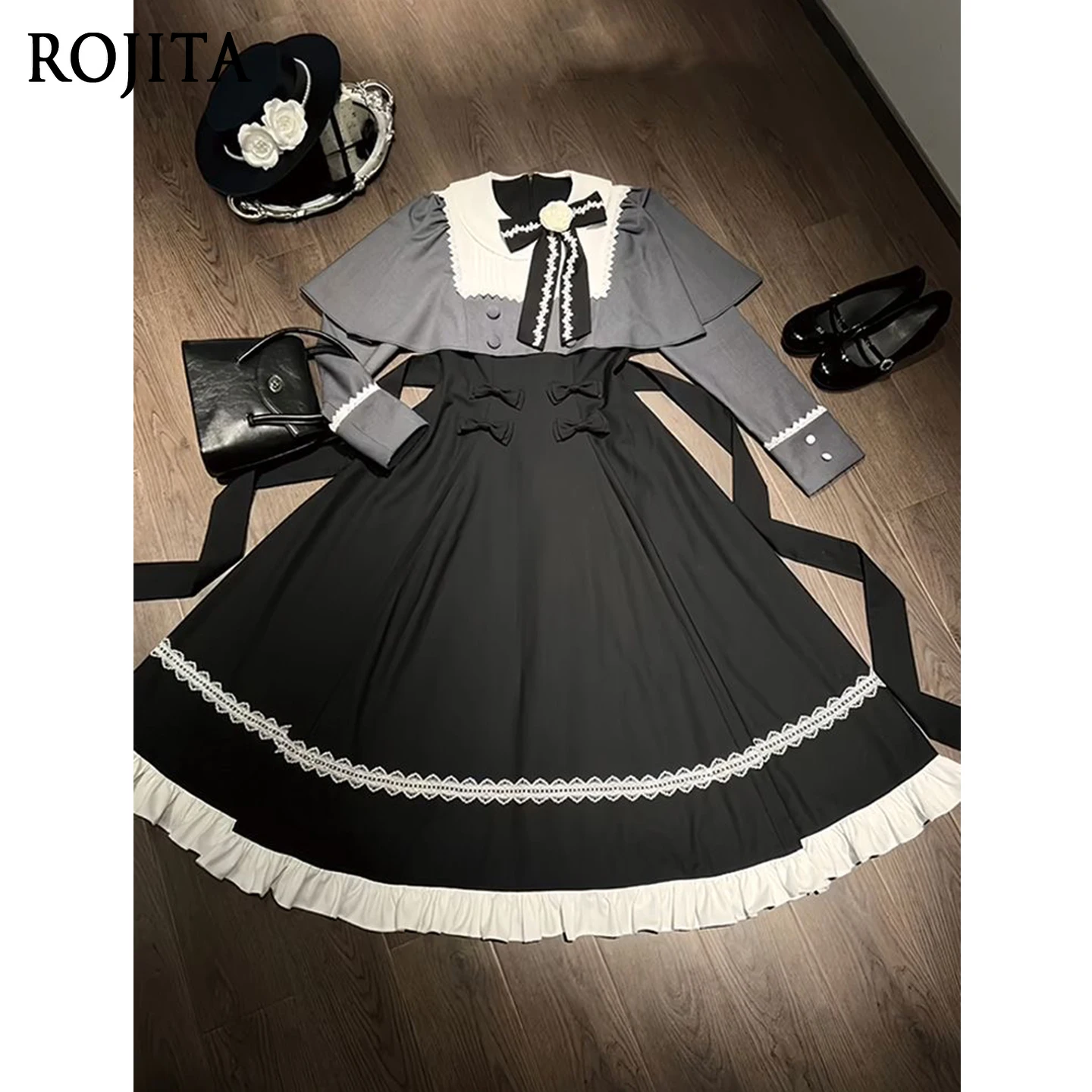 

2025 Autumn New Daily Commuting Mid-Length Dress + Bowknot Cape Coat Lolita Halloween Two Piece Sets Womens Outifits