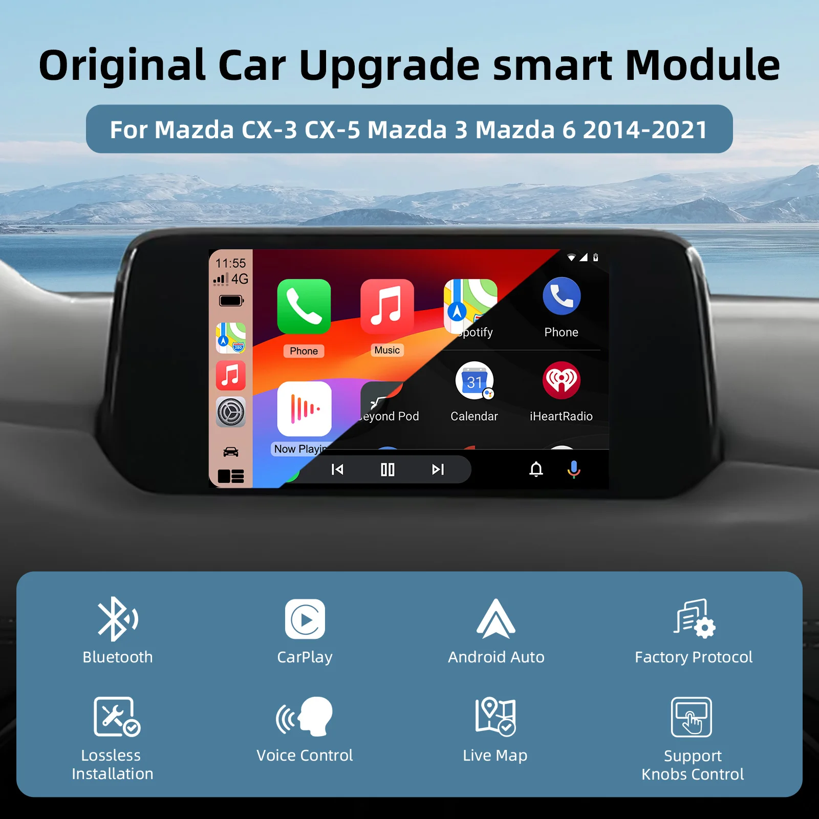 

Беспроводной декодер CarPlay Android Auto, комплект для дооснащения Mazda 2, 3, 6, CX3, CX5, CX9, MX5 2014-2021, USB-хаб для обновления системы MZD