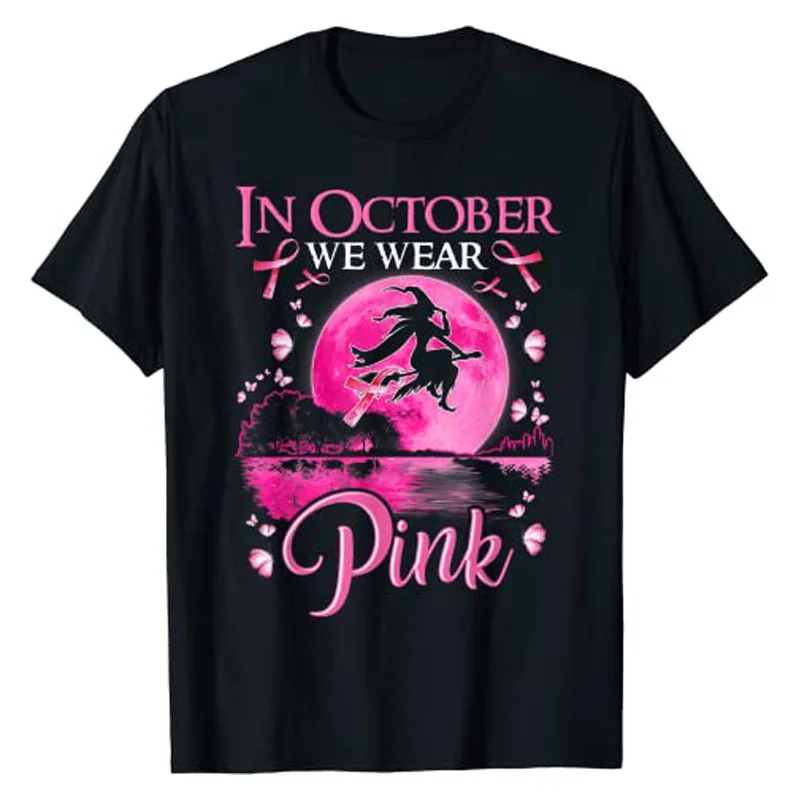 

In October We Wear Pink Ribbon Witch Halloween Costume Breast Cancer T-Shirt Gifts Women's Fashion Gothic Aesthetic Clothes