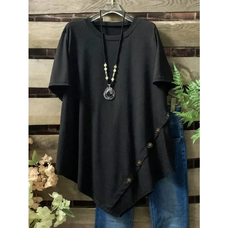 Plus Size Sommer-Damen-T-Shirt, einfarbig, Rundhalsausschnitt, mit Knopfverzierung, unregelmäßigem Saum, kurzärmelig