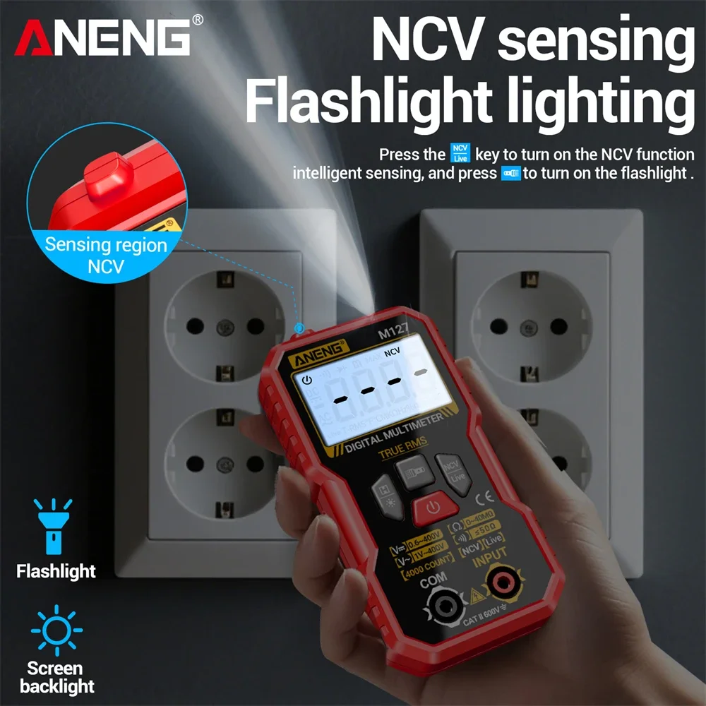 Aneng multímetro inteligente 4000 contagem ac/dc teste de tensão m127 resistência ncv detecção ohm ohm ohm ohm ferramentas de linha de detecção de fogo zero