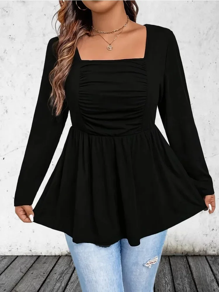 Damska koszulka Plus Size 1XL-5XL Nowa wiosenna i jesienna koszulka z kwadratowym dekoltem Urocza plisowana koszulka z długim rękawem Casual