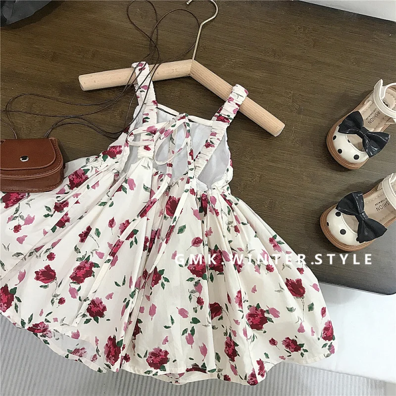 

Korean Children's Clothing Summer New Style Girls' Vintage Rose Flower Dress Children's Elegant Strap Vest Dress